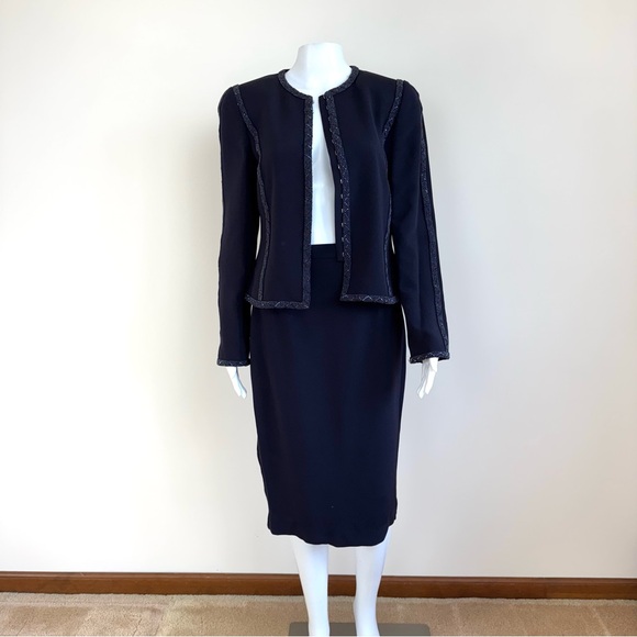 Louis Feraud 100% Silk Black Label Navy Blue Skirt Set Beaded Beads Embroidered - Picture 4 of 17